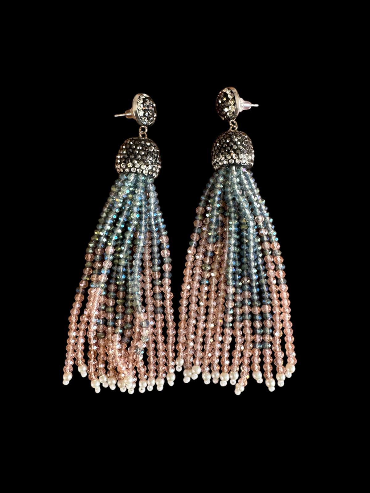 Earring Dual Color Crystal Tassels Long with Rhinestone Dome Blue / Peach