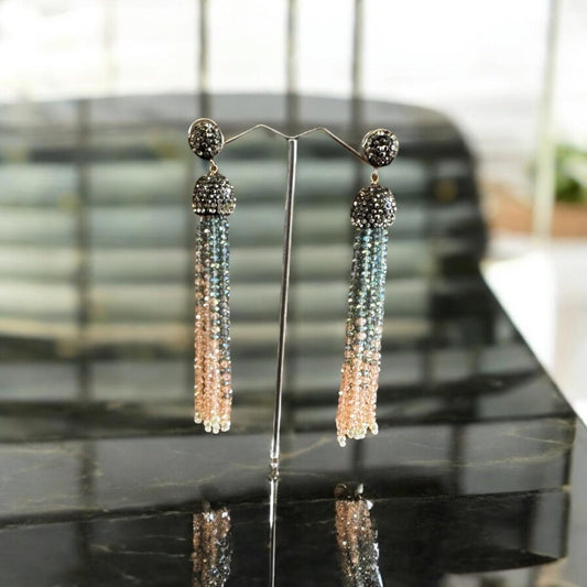 Earring Dual Color Crystal Tassels Long with Rhinestone Dome Blue / Peach