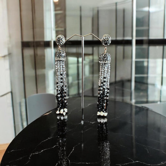 Earring Dual Color Crystal Tassels Long with Rhinestone Dome Silver / Black