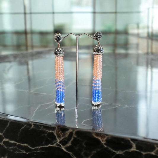 Earring Dual Color Crystal Tassels Long with Rhinestone Dome Peach / Blue