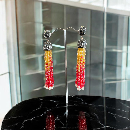 Earring Dual Color Crystal Tassels Long with Rhinestone Dome Yellow / Red