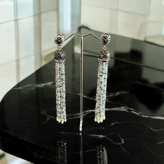 Earring Dual Color Crystal Tassels Long with Rhinestone Dome Gray / Silver