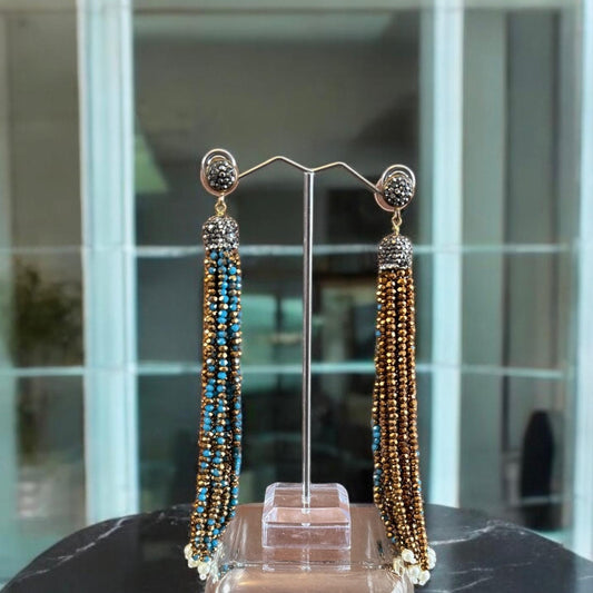 Earring Dual Color Crystal Tassels Long with Rhinestone Dome Turquoise / Copper