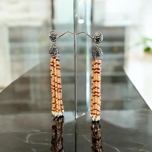 Earring Dual Color Crystal Tassels Long with Rhinestone Dome Beige / Orange