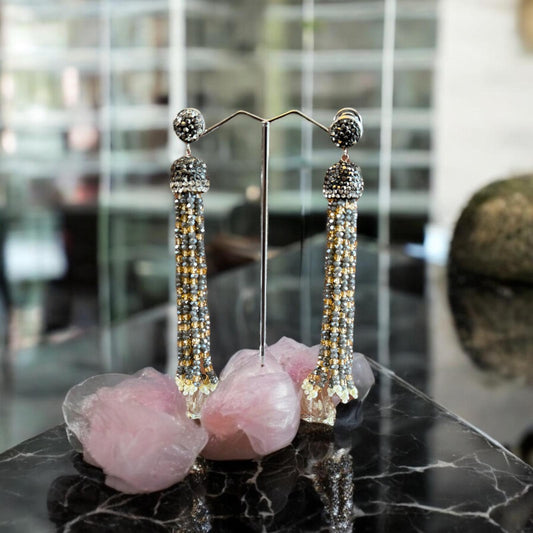 Earring Dual Color Crystal Tassels Long with Rhinestone Dome Gray / Yellow