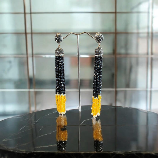 Earring Dual Color Crystal Tassels Long with Rhinestone Dome Black / Yellow