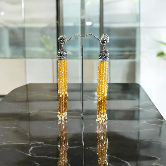 Earring Dual Color Crystal Tassels Long with Rhinestone Dome Yellow / Topaz