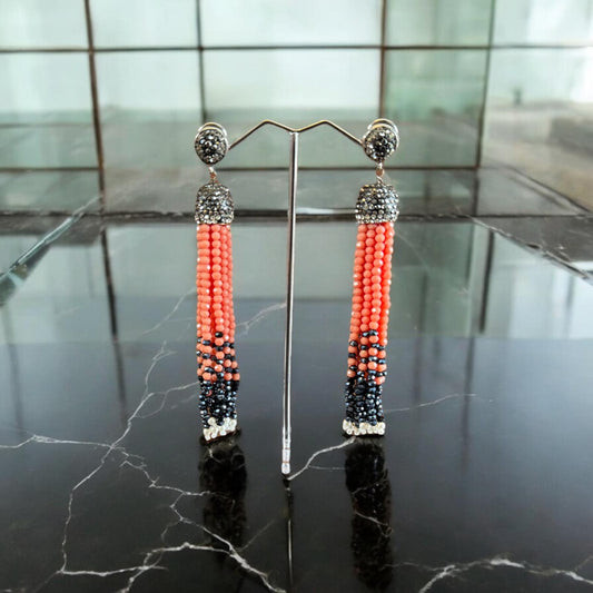 Earring Dual Color Crystal Tassels Long with Rhinestone Dome Coral / Navy