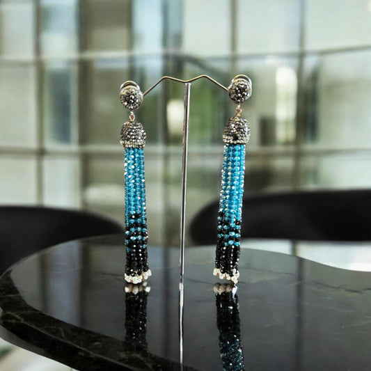 Earring Dual Color Crystal Tassels Long with Rhinestone Dome Blue / Black