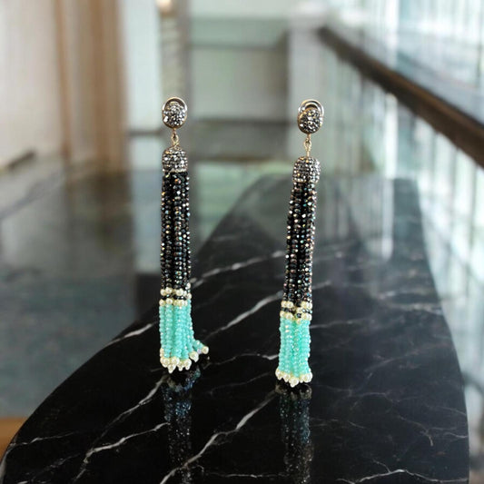 Earring Dual Color Crystal Tassels Long with Rhinestone Dome Black / Sky Blue