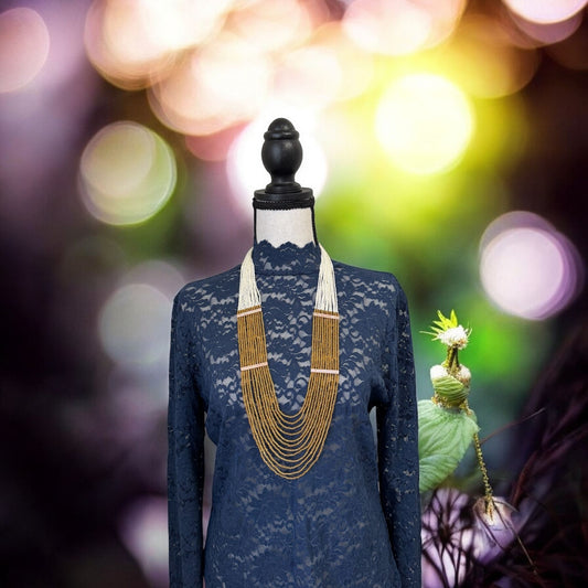 Necklace Crystal Layered with Tiny Pearls and Zircon Strip White / Yellow