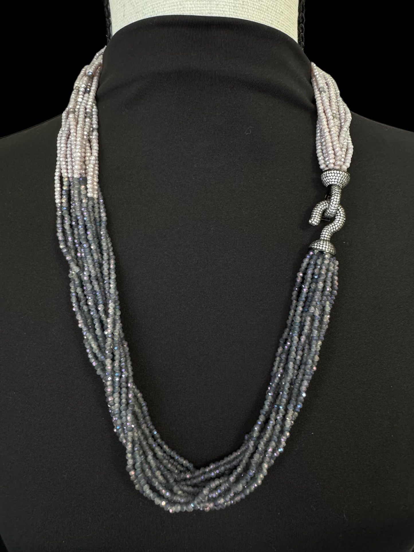 Dual Color Crystal with Question Mark Hook Pendant Clasp Necklace Purple & Gray