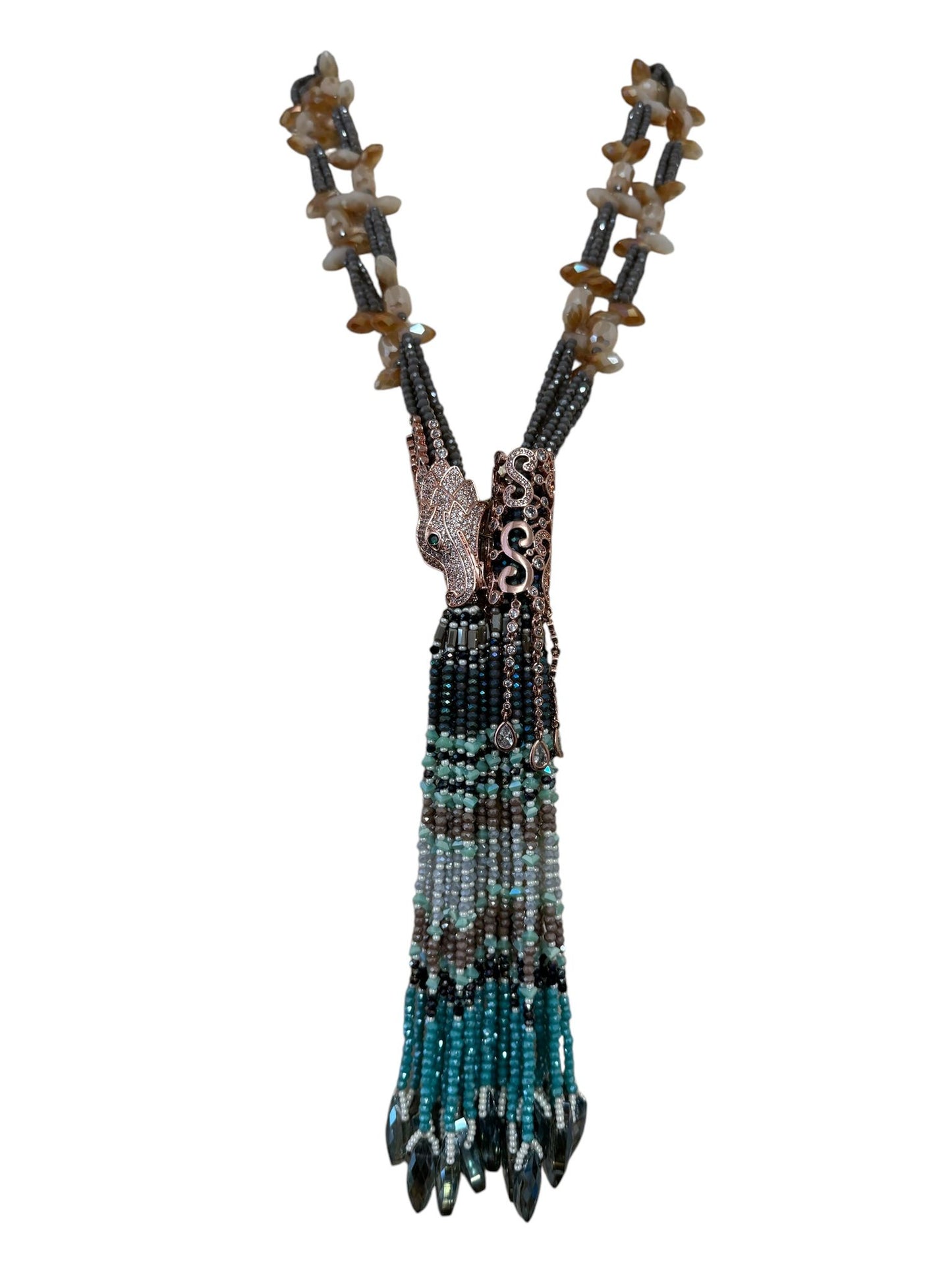 Multicolor Crystal Statement Necklace with Heavy Tassel